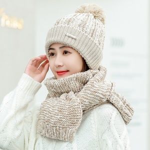 Winter Knit Pom Pom Hat with Neck Scarf